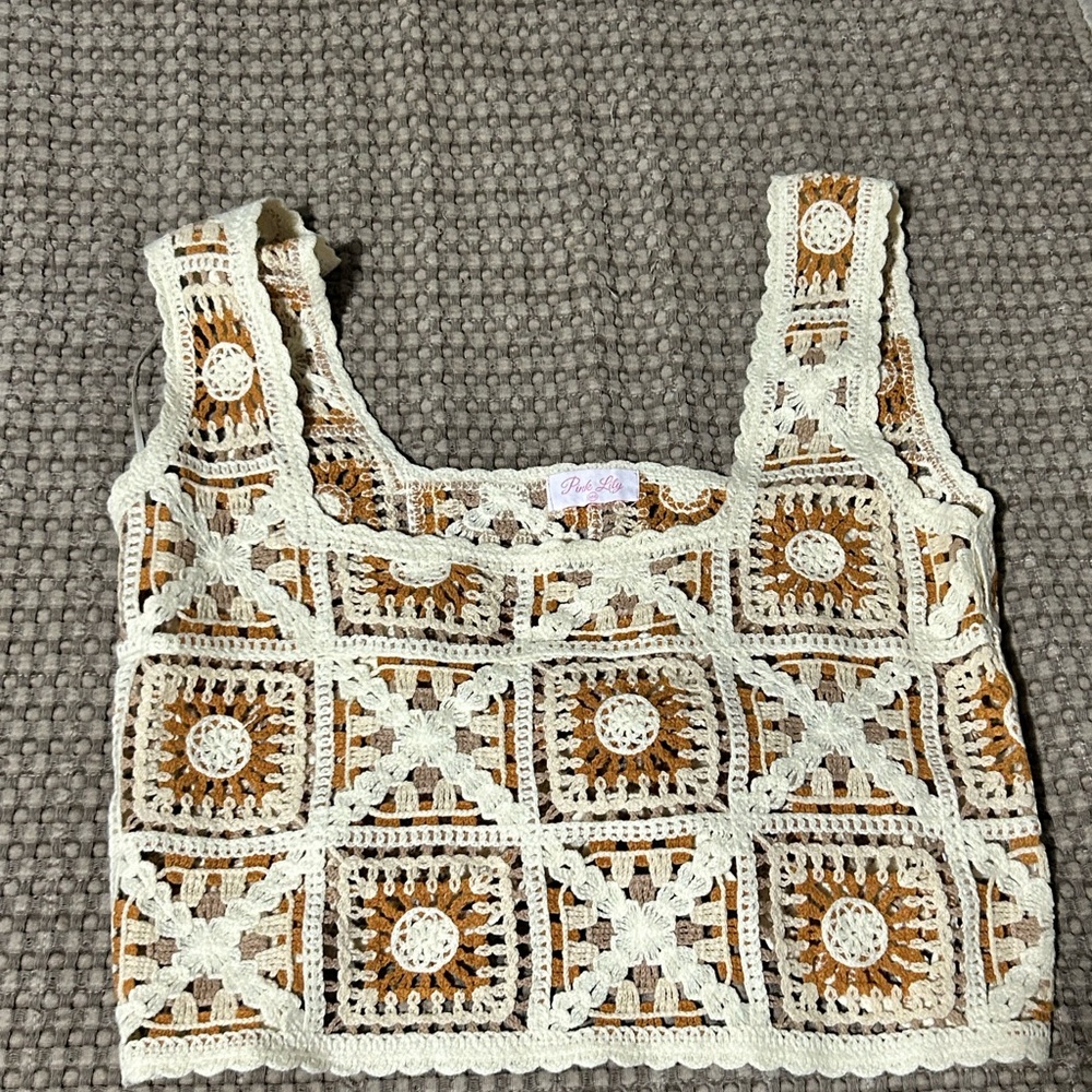 Pink Lily Crochet Lace Crop Top - Cream and Brown